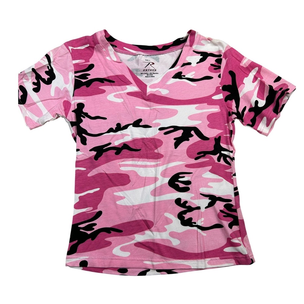 Rothco‎ Kids Pink Camouflage V-Neck Short Sleeve T-Shirt Size L Cotton Spandex